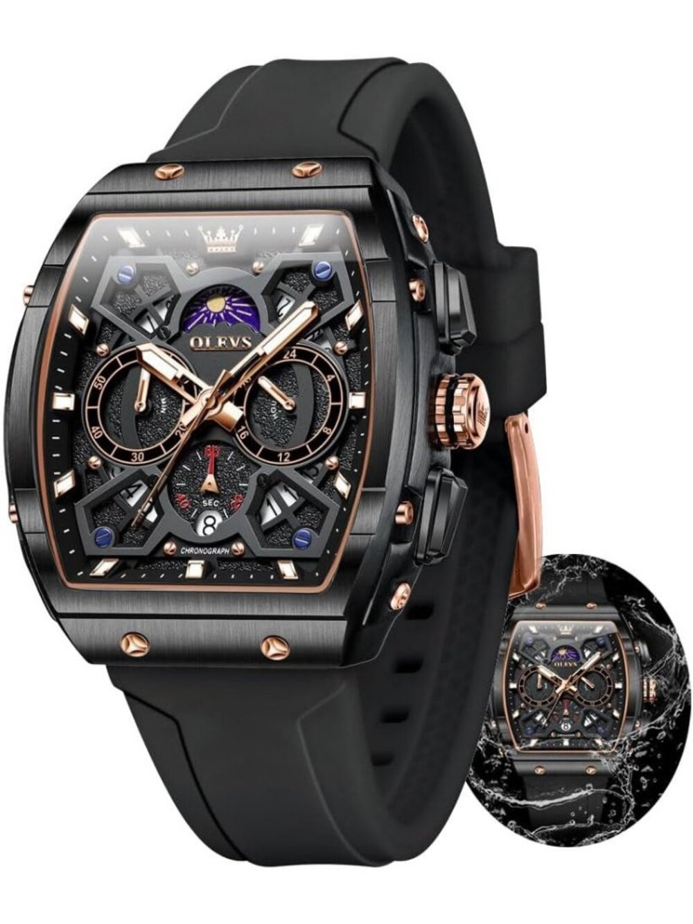 Mens All Black Chronograph Waterproof Rectangle Moon Phase Luminous Quartz Watch